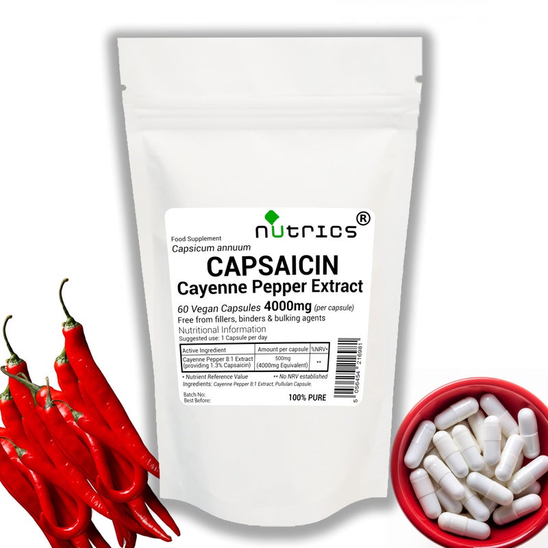 NutricsÂ® 4000mg (per Capsule) Cayenne Pepper Extract Capsaicin Vegan Capsules - Pure Capsicum Strong Extract Do Not Exceed Suggested Dose - One A Day Capsaicin Supplement 60 Capsules (2 Month Supply)